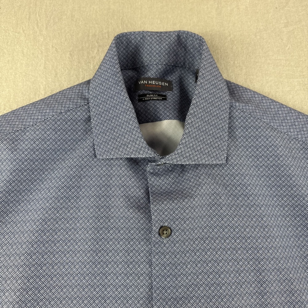 Van Heusen Traveler Shirt Mens 15 32/33 Slim Fit 4 Way Stretch Blue Geometric